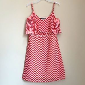 INDULGE Womens Summer Dress Chevron Stripe Orange White Ruffle Medium Lined